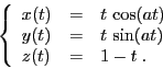 \begin{displaymath}
\left\{
\begin{array}{lcl}
x(t)&=& t \cos(a t)\\
y(t)&=& t \sin(a t)\\
z(t)&=& 1-t\;.
\end{array}\right.
\end{displaymath}